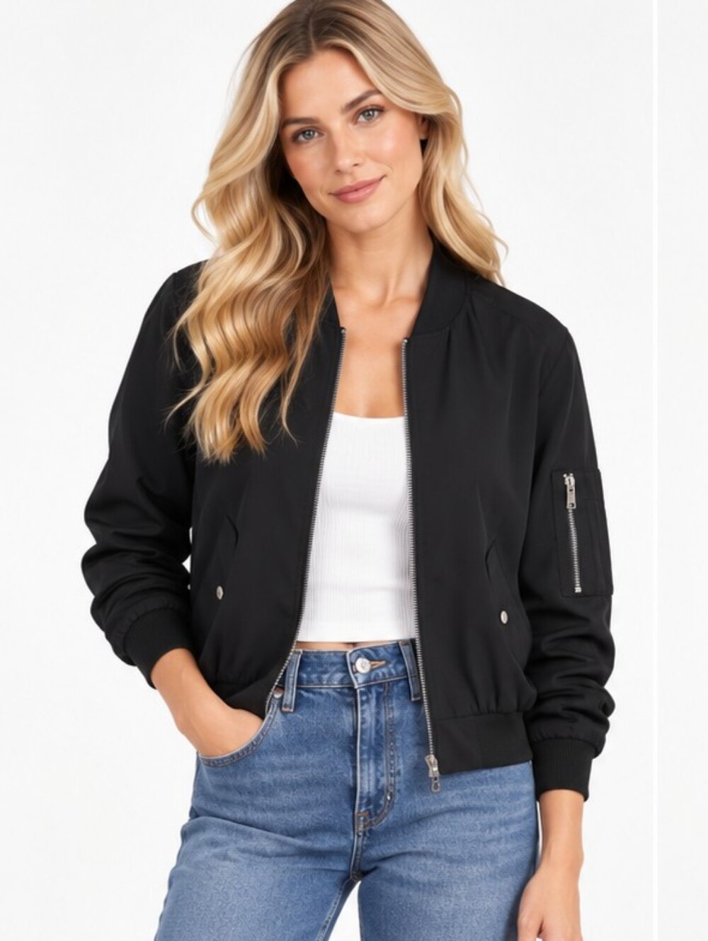 Zara Basic Bomber Jacket Women's L Black Lightweight Utility Streetwear Casual